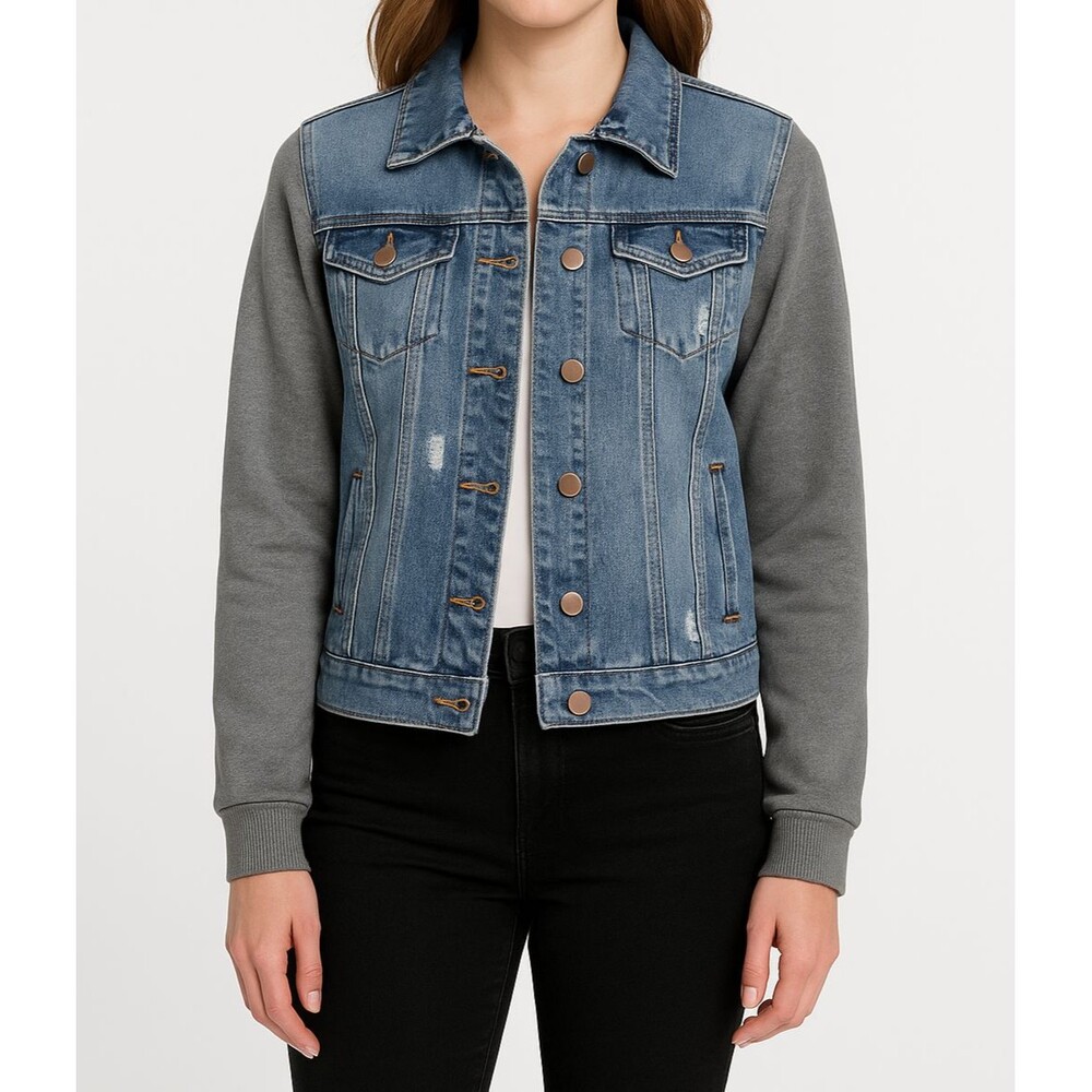 Ci Sono Denim Collection Women’s‎ Jean Jacket with Gray Knit Sleeves Size Small
